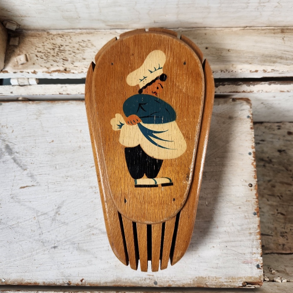 Vintage 1940s Wooden Knife Holder Block Wall Hanging, Hand-Painted Chef Image
